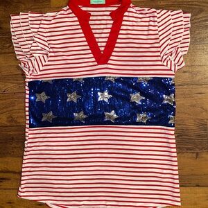 Sunshine & Rodeos • Red/White/Blue • Striped • Stars • Large • Sequins • Shirt